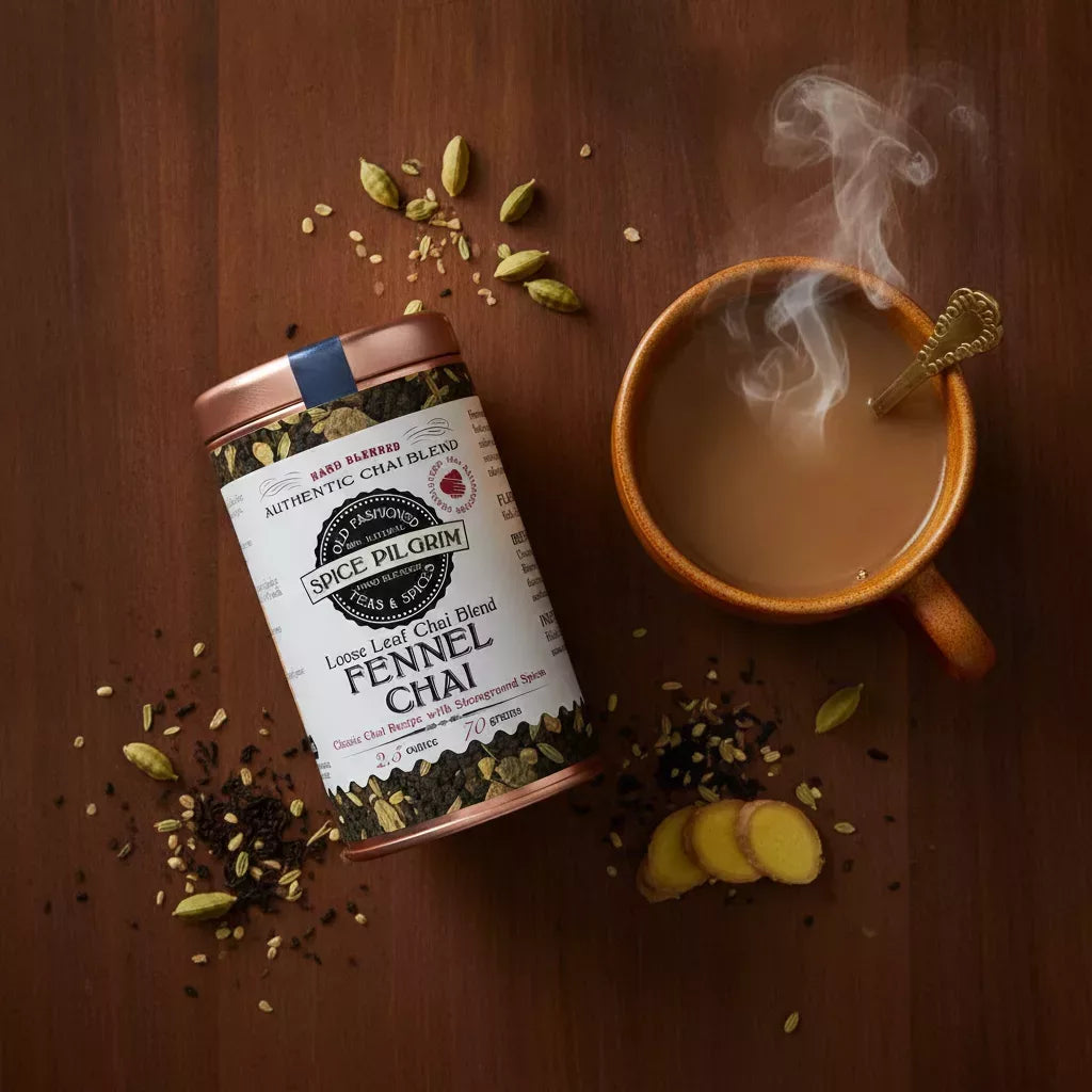 A ceramic cup sits center-frame, steam curling from freshly brewed fennel chai with its warm amber liquor catching soft