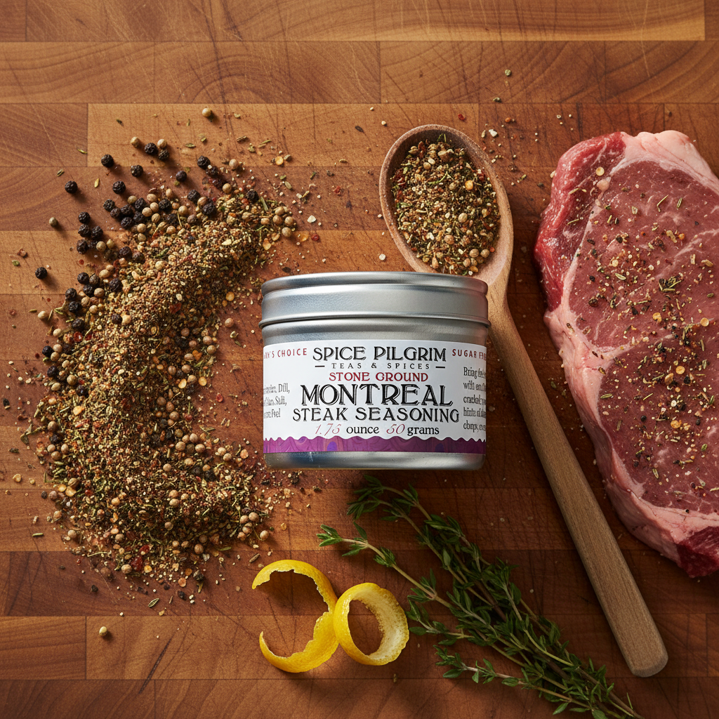 Spice Pilgrim Montreal Steak Seasoning can on a wooden cutting board with steak, herbs, and lemon.