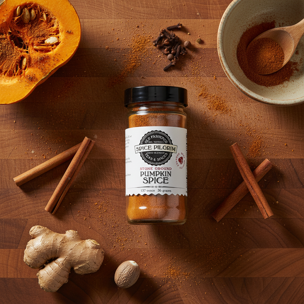 Spice Pilgrim pumpkin spice jar on a wooden surface with spices and a pumpkin.