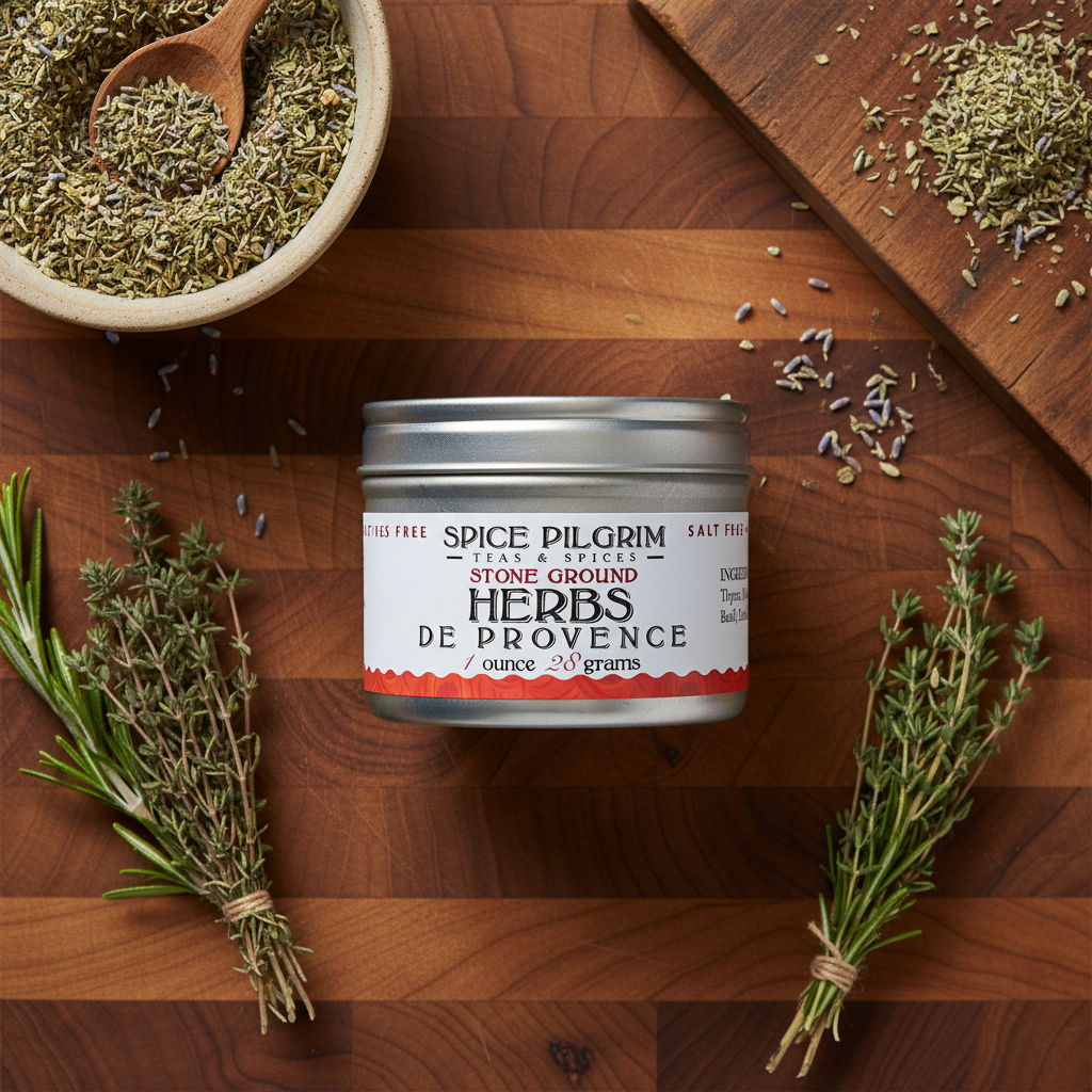 Spice Pilgrim Herbs de Provence container on a wooden surface with herbs and a bowl of spices.