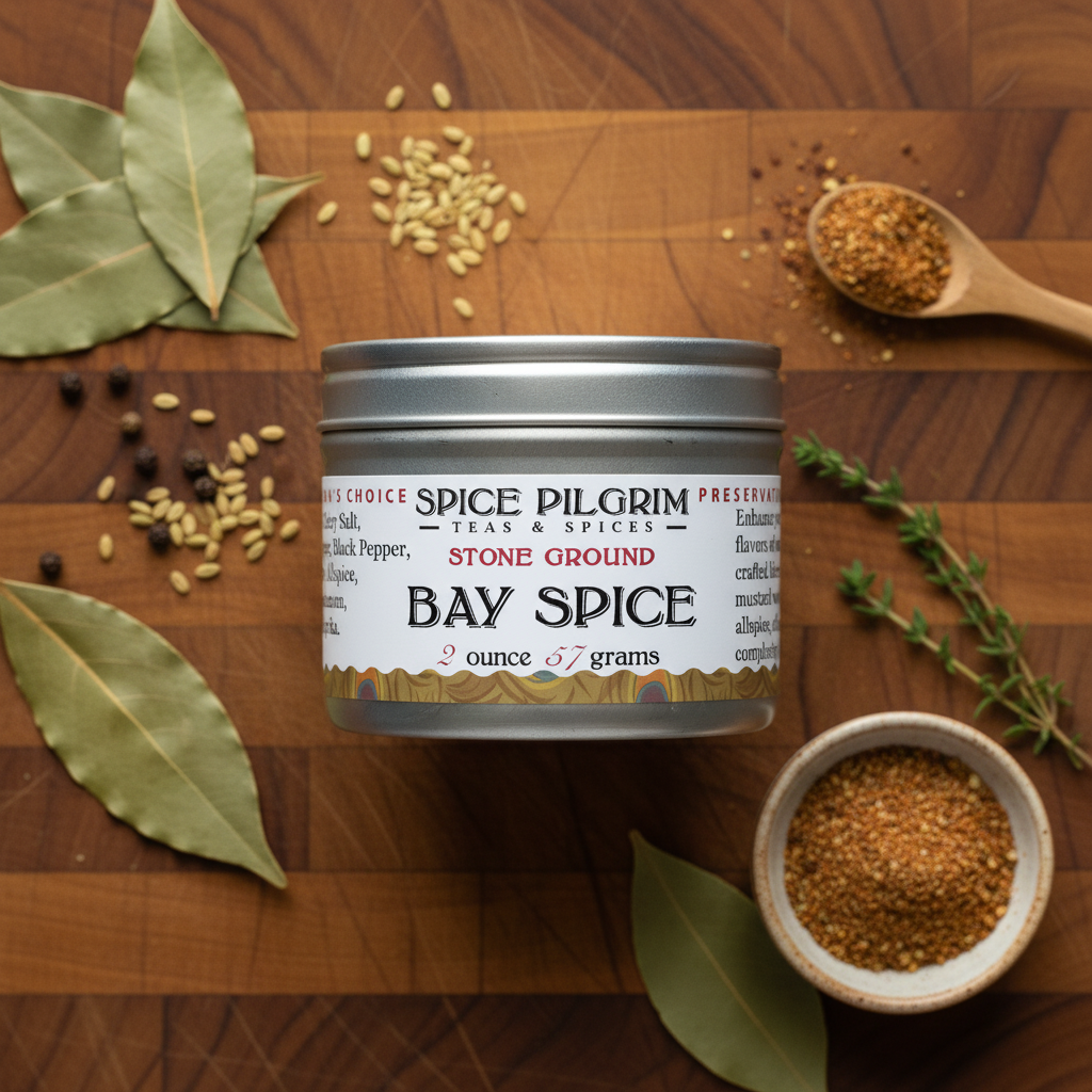 Spice Pilgrim Bay Spice container on a wooden surface with spices and herbs.