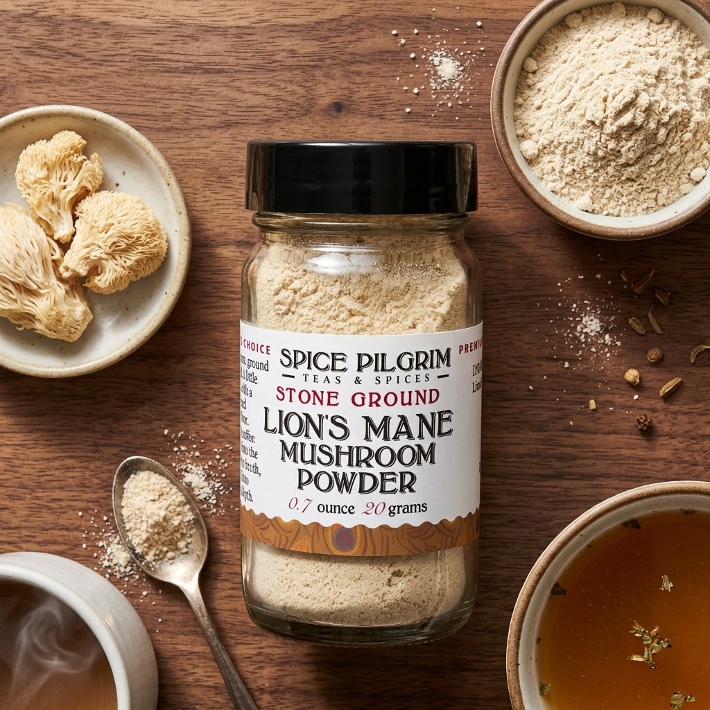 A small ceramic bowl of pale, finely-ground lion's mane mushroom powder sits centered on a walnut surface, its delicate