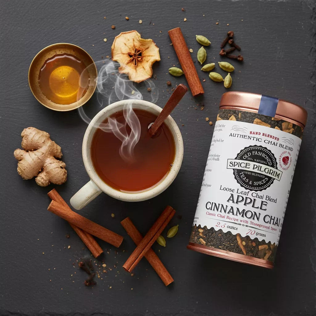 A steaming ceramic cup of brewed Apple Cinnamon Chai sits center-left on dark slate, its amber liquor catching warm