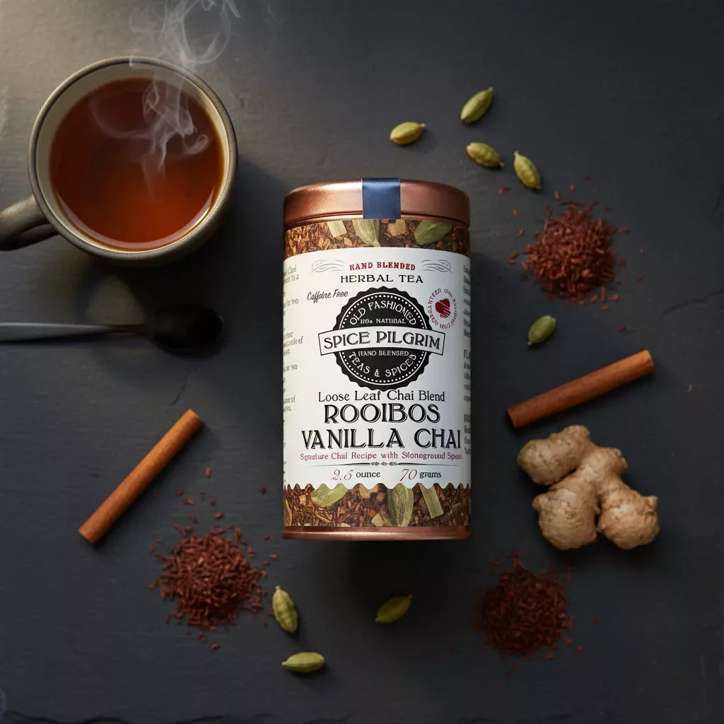 A steaming cup of brewed rooibos vanilla chai sits at center, its deep amber liquid catching warm light, with a