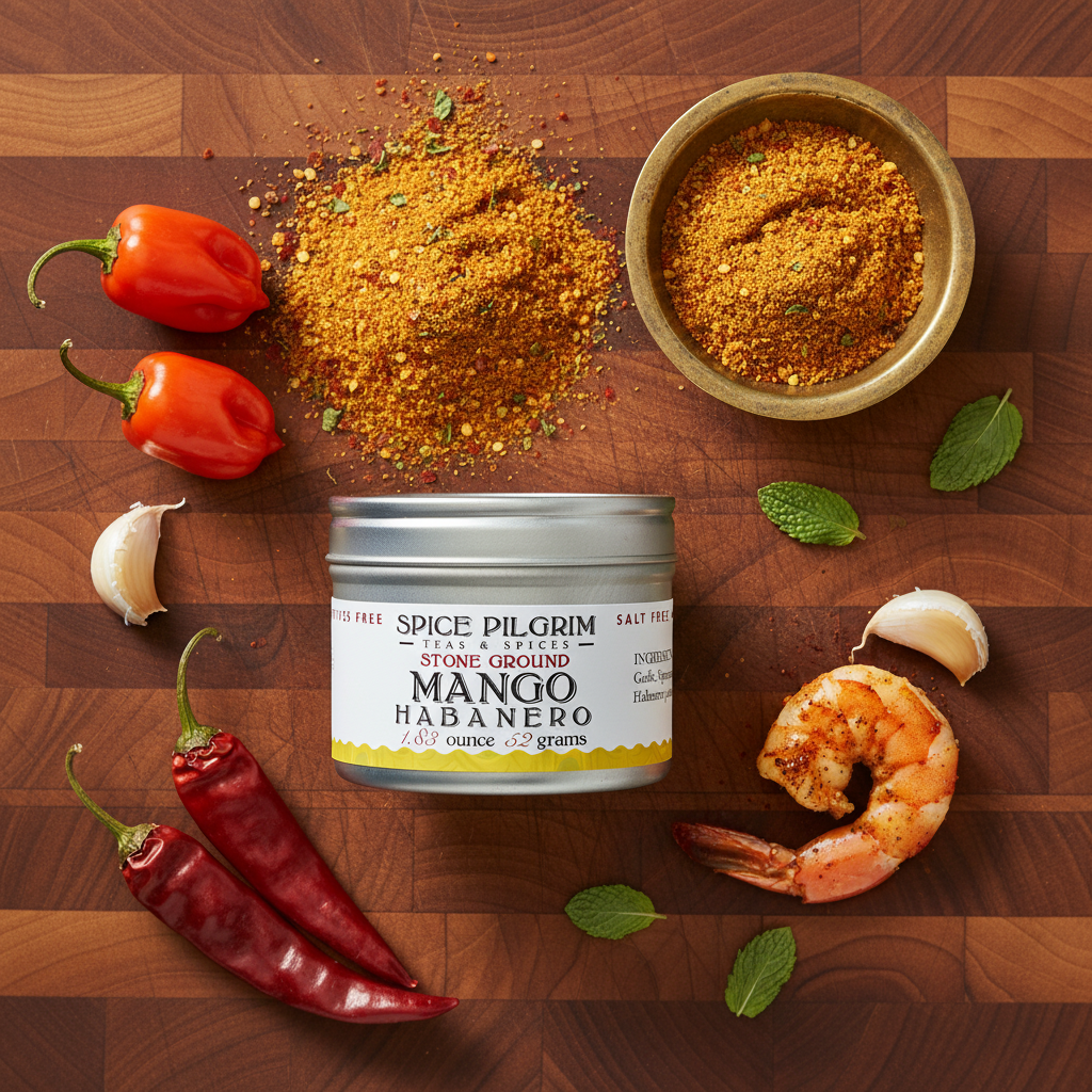 Spice Pilgrim Mango Habanero spice container on a wooden cutting board with peppers, garlic, and a shrimp.