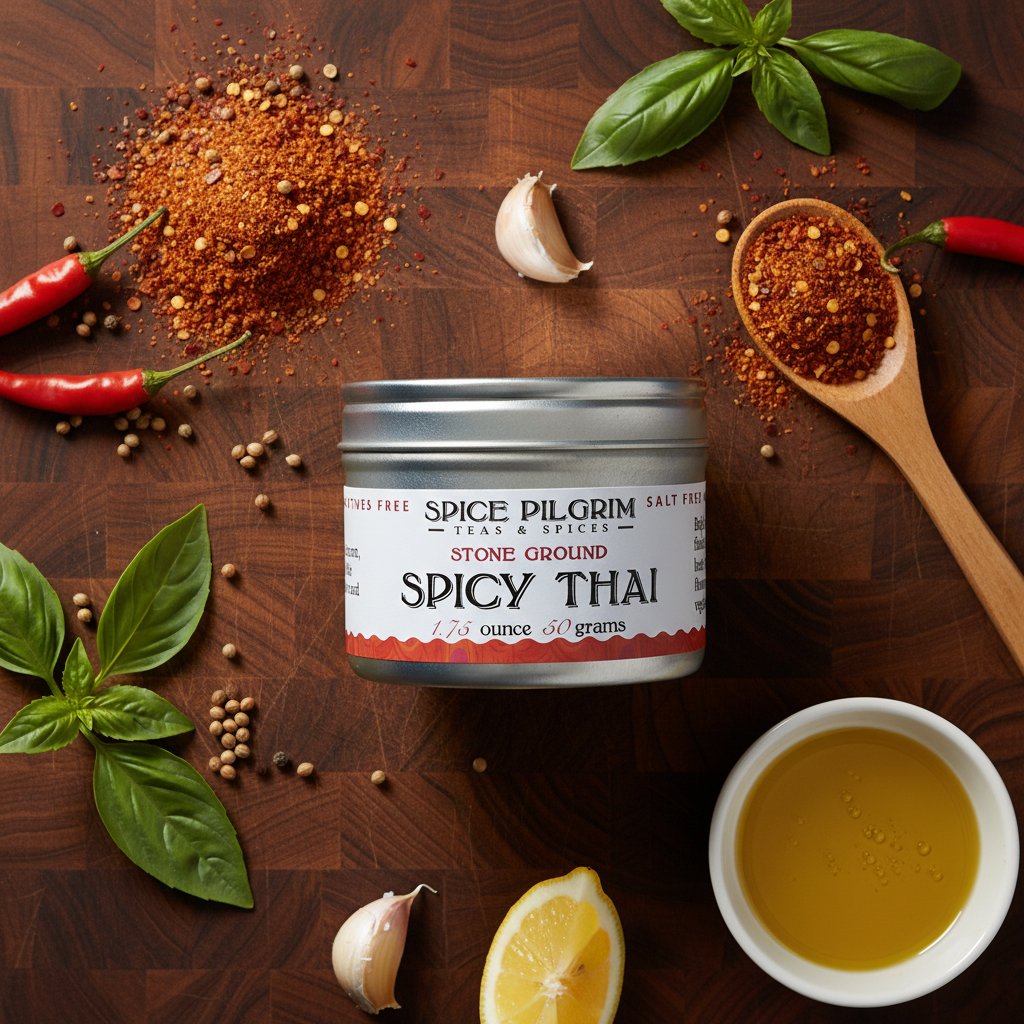 Spice Pilgrim Spicy Thai spice jar on a wooden surface with herbs and spices.