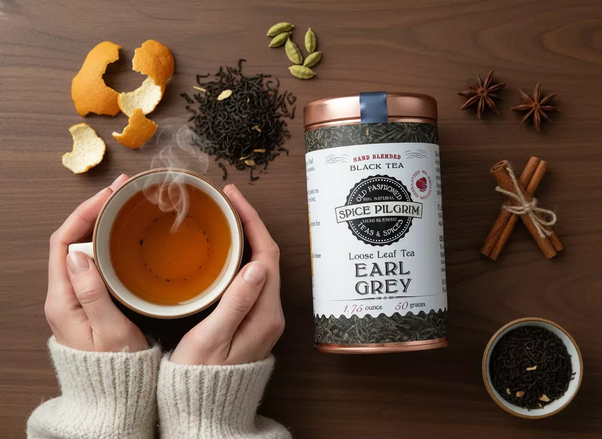 Product: Earl Grey. Inline image 5: Hands holding a warm mug of tea, view from above. Cozy sweater sleeves visible.