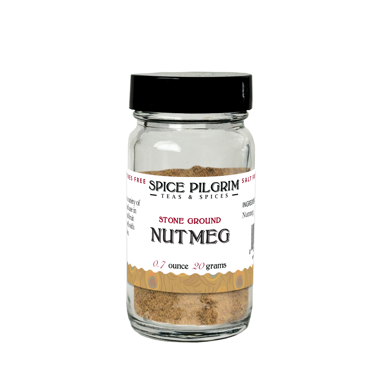 Jar of Spice Pilgrim stone ground nutmeg on a white background