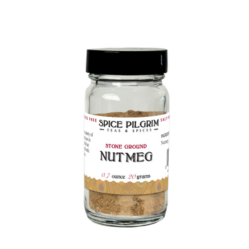 Jar of Spice Pilgrim stone ground nutmeg on a white background