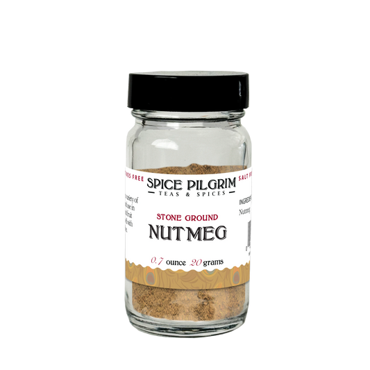 Jar of Spice Pilgrim stone ground nutmeg on a white background