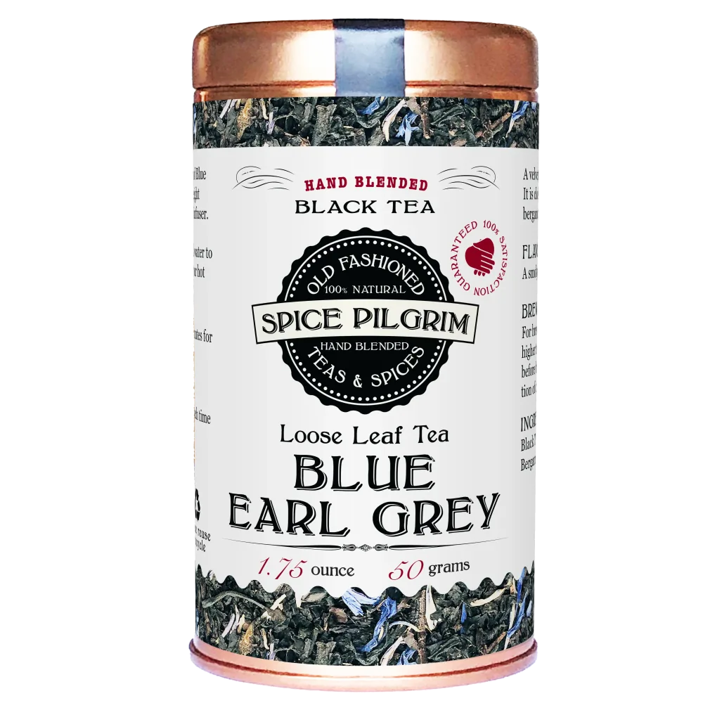 Spice Pilgrim Blue Earl Grey loose leaf tea canister on a white background