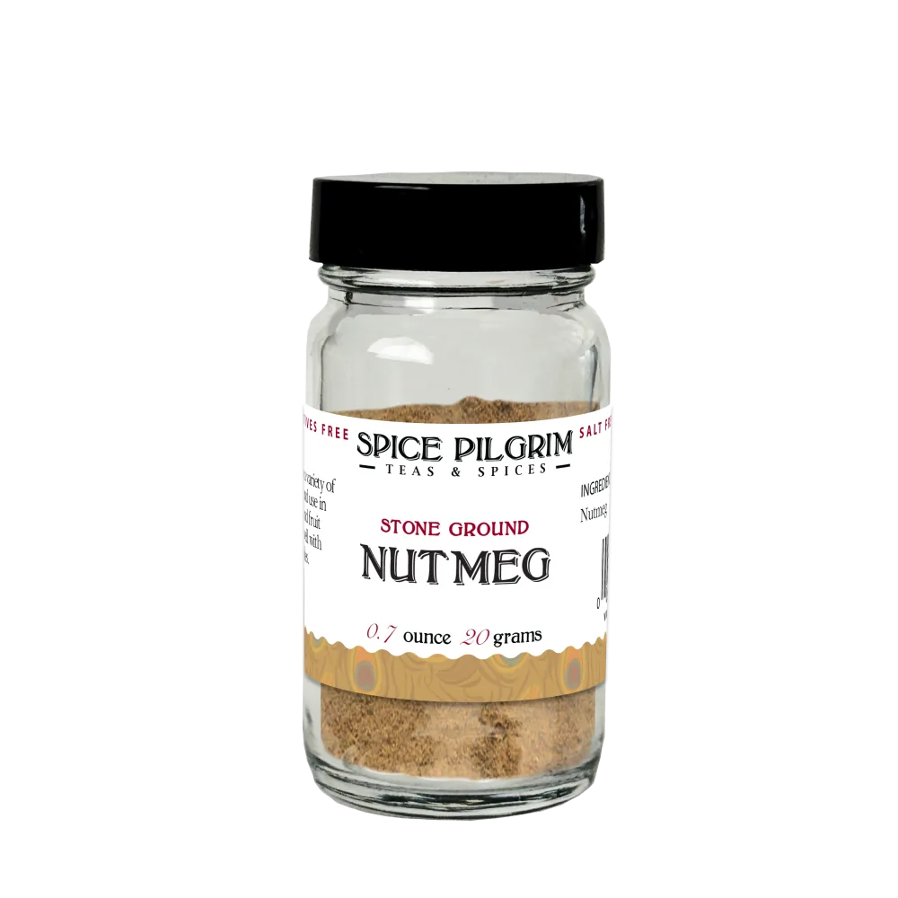 Jar of Spice Pilgrim stone ground nutmeg on a white background