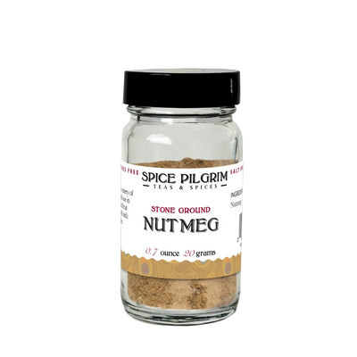 Jar of Spice Pilgrim stone ground nutmeg on a white background