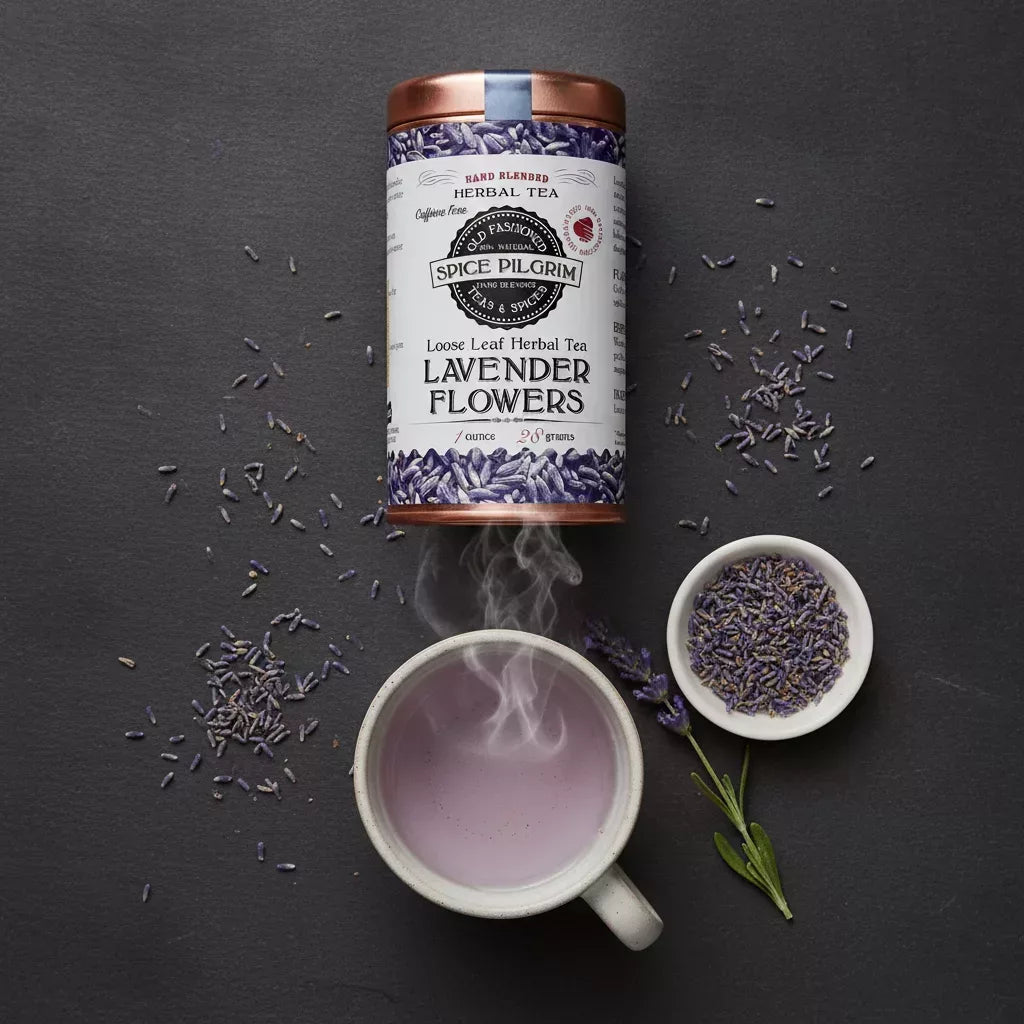 Spice Pilgrim Loose Leaf Herbal Tea Lavender Flowers tin beside a steaming mug of lavender tea and dried lavender flowers