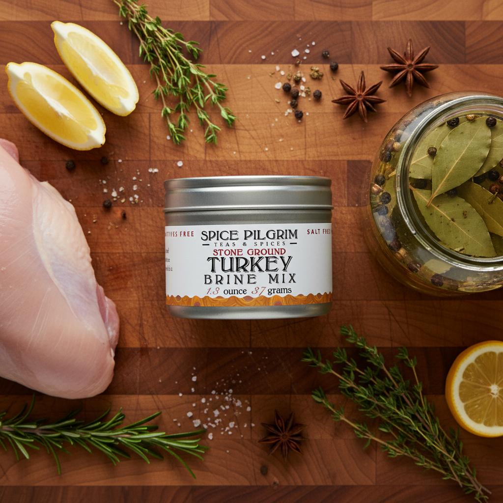 Spice Pilgrim turkey brine mix on a wooden cutting board with lemons, herbs, and chicken.