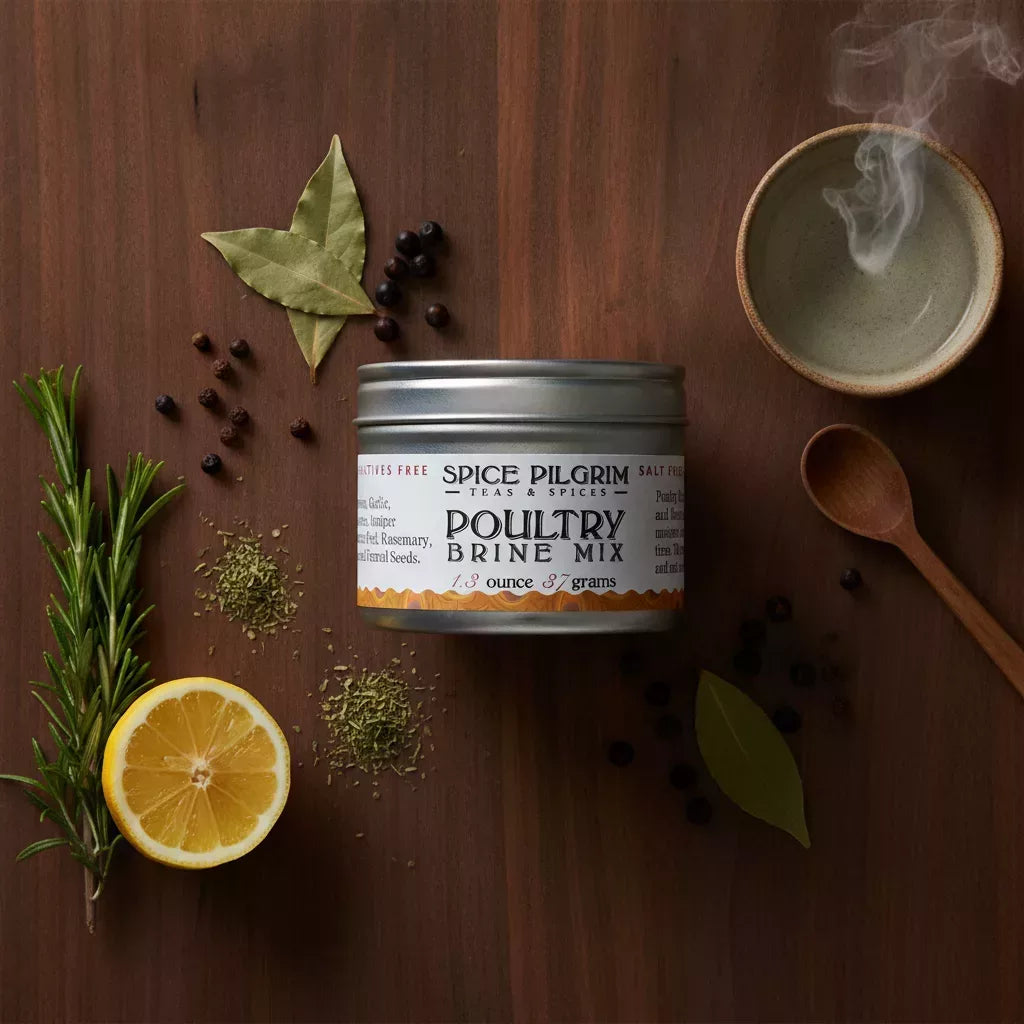 A clear glass jar of Poultry Brine Mix sits centered on a walnut surface, its aromatic blend of whole juniper berries,