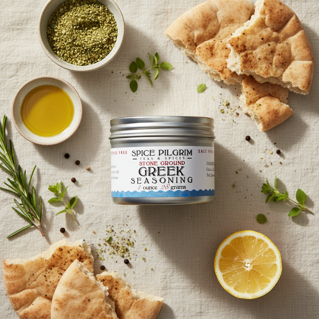 Spice Pilgrim Greek seasoning canister with pita bread, lemon, and herbs on a textured surface
