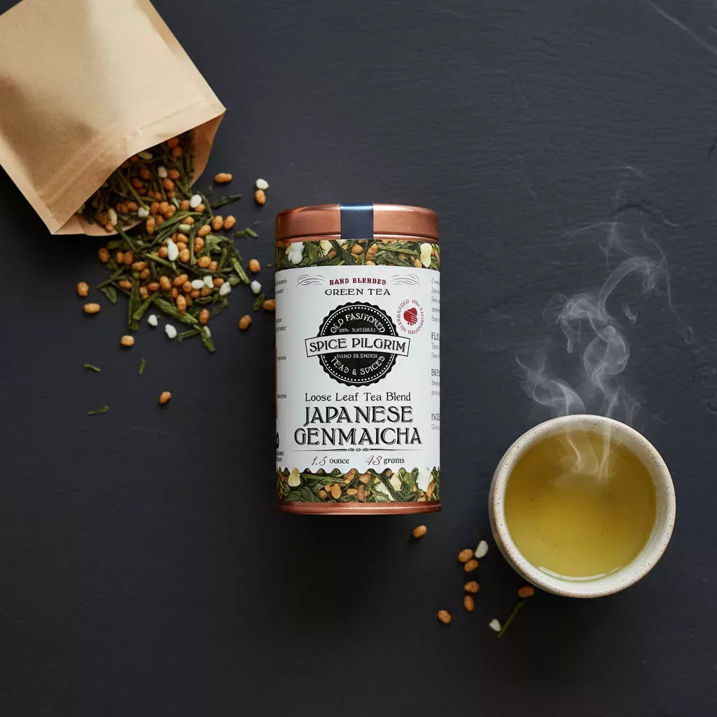 A dark slate surface holds a small open kraft bag of genmaicha, the blend of green tea and roasted rice visible at the