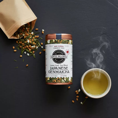 A dark slate surface holds a small open kraft bag of genmaicha, the blend of green tea and roasted rice visible at the
