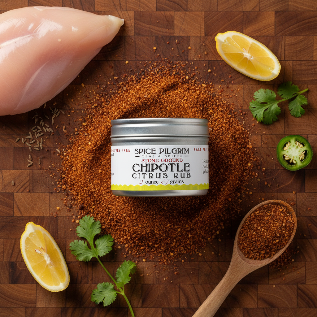 Spice Pilgrim chile lime rub on a wooden cutting board with chicken, lemons, and cilantro.