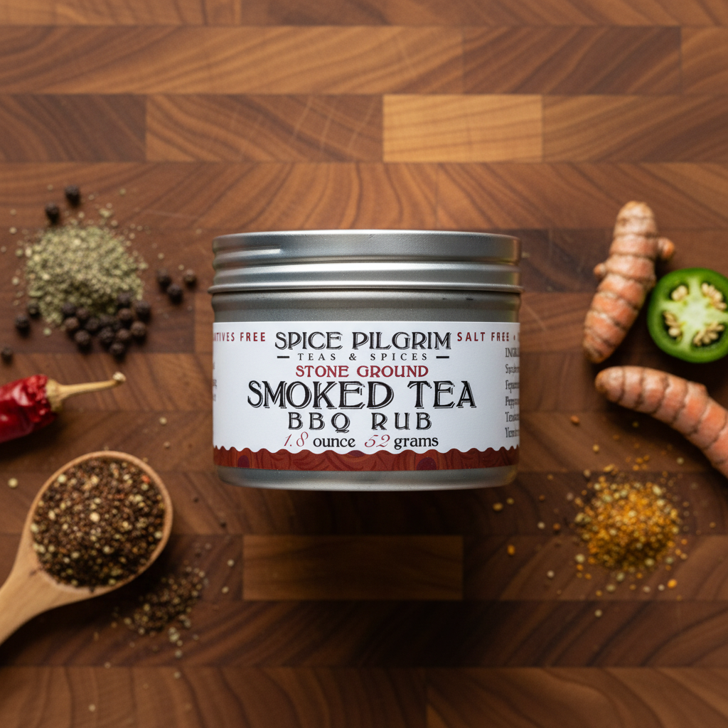 Jar of Spice Pilgrim Smoked Tea BBQ Rub on a wooden surface with spices around