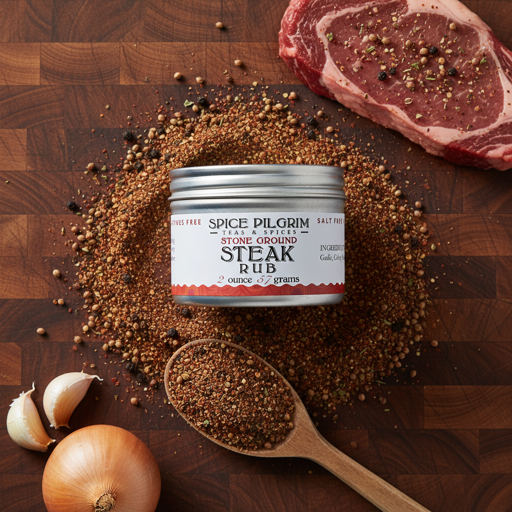Spice Pilgrim steak rub container on a wooden surface with steak, spices, and garlic.