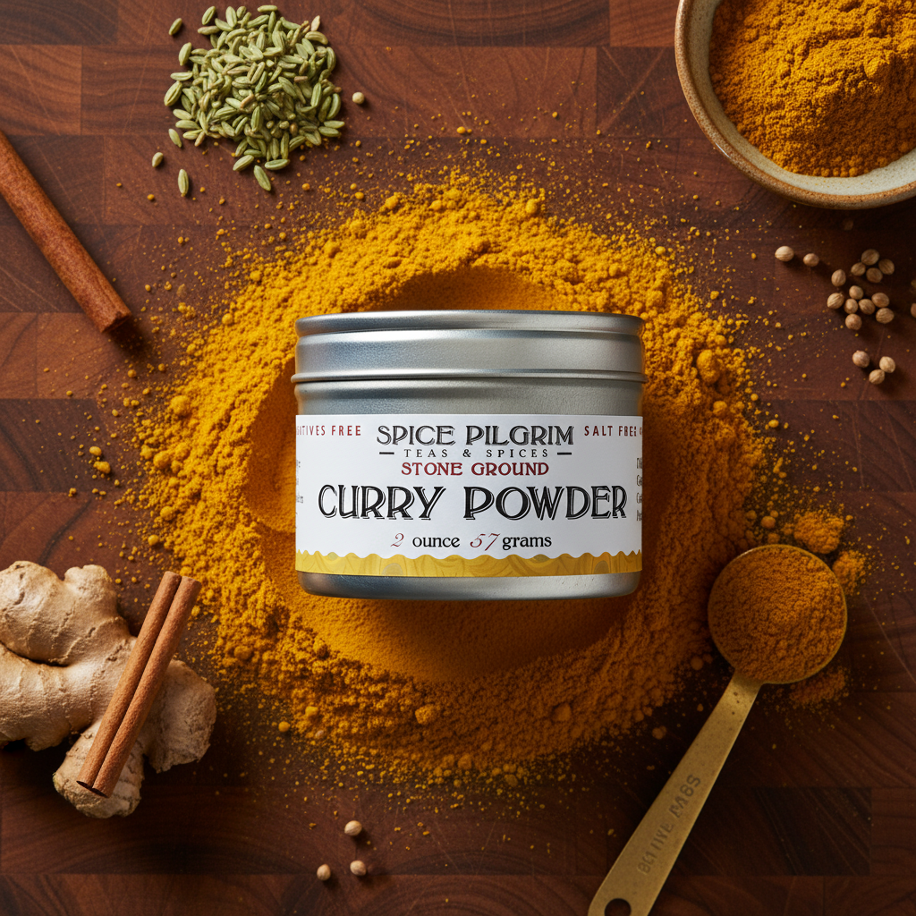 Spice Pilgrim curry powder container surrounded by spices on a wooden surface
