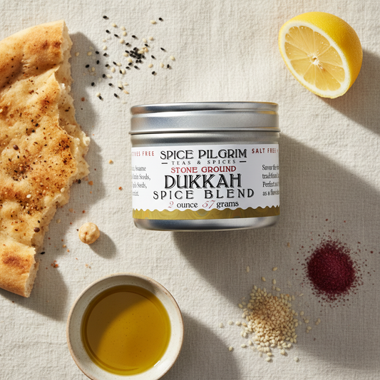Spice Pilgrim dukkah spice blend canister with bread, lemon, and spices on a textured surface