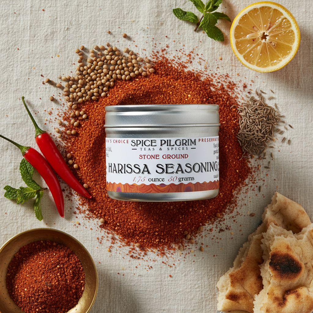 Spice Pilgrim Harissa Seasoning jar surrounded by spices, lemon, and bread on a textured surface