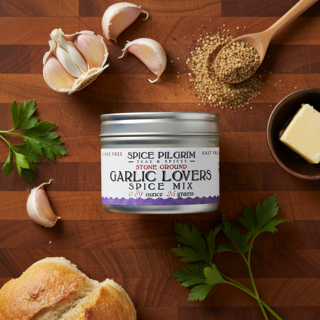 Spice Pilgrim Garlic Lovers Spice Mix on a wooden surface with garlic and herbs.