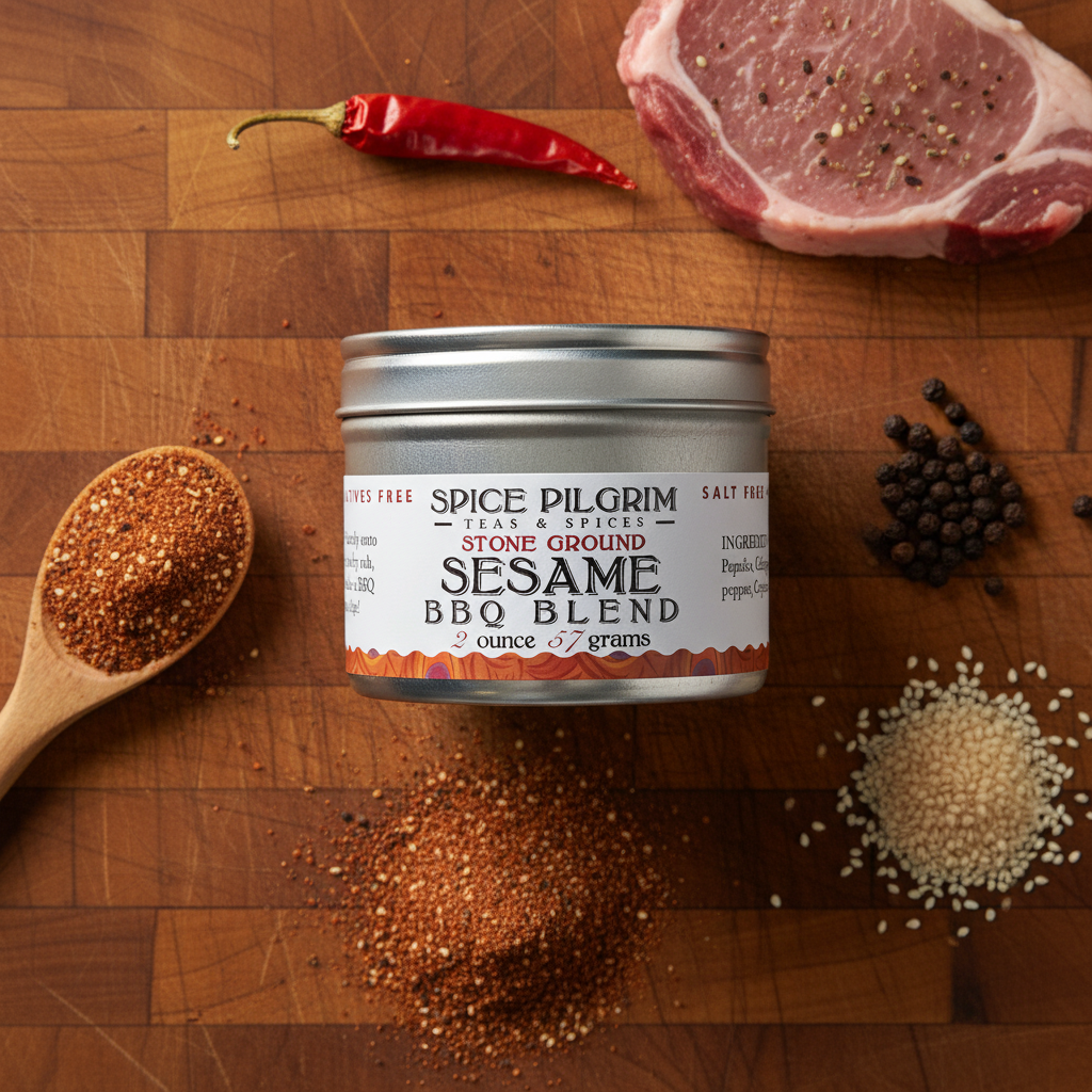 Spice Pilgrim Sesame BBQ Blend on a wooden surface with ingredients and a spoon.