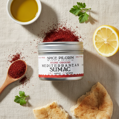 Container of Spice Pilgrim Mediterranean Sumac with sumac, lemon, pita bread, and olive oil on a textured surface.