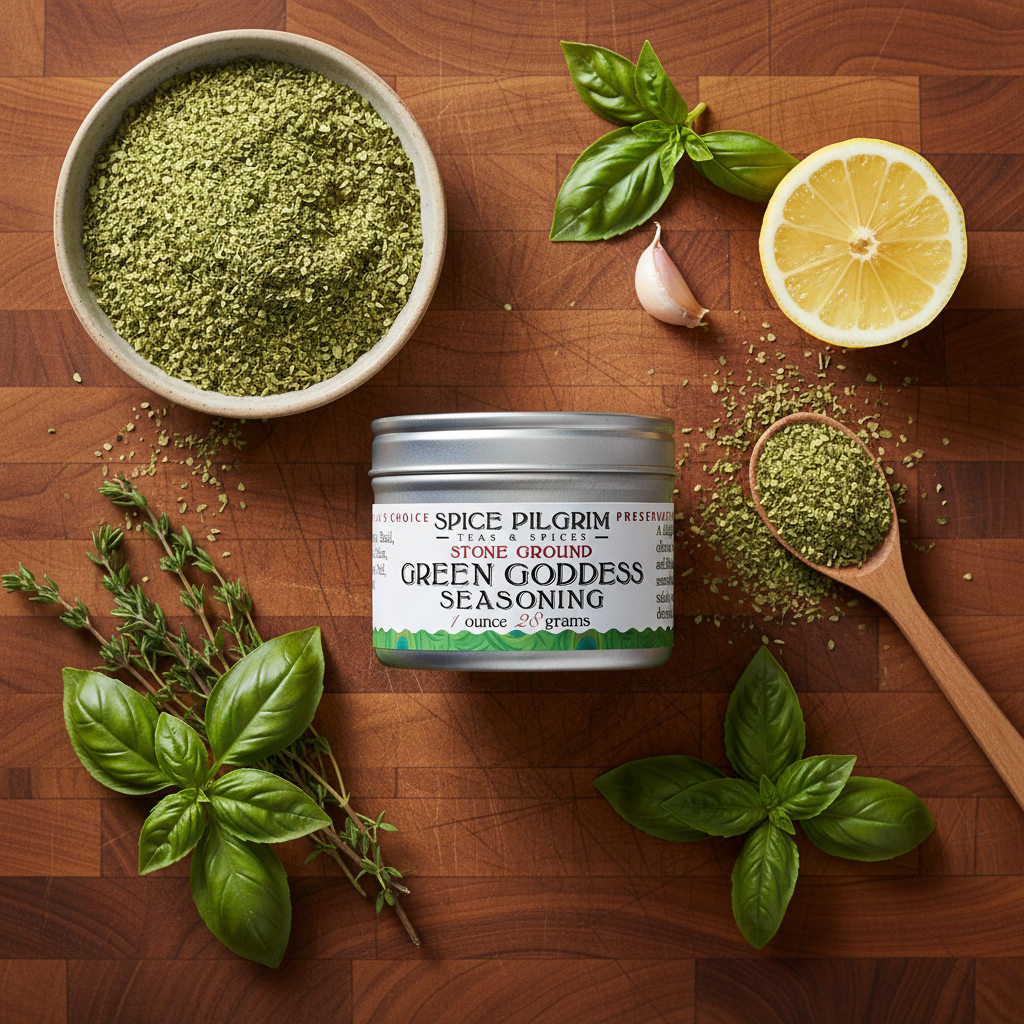 Spice Pilgrim Green Goddess seasoning can with green herbs and lemon on a wooden surface