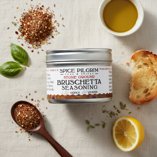 Spice Pilgrim Bruschetta seasoning canister with ingredients on a neutral background