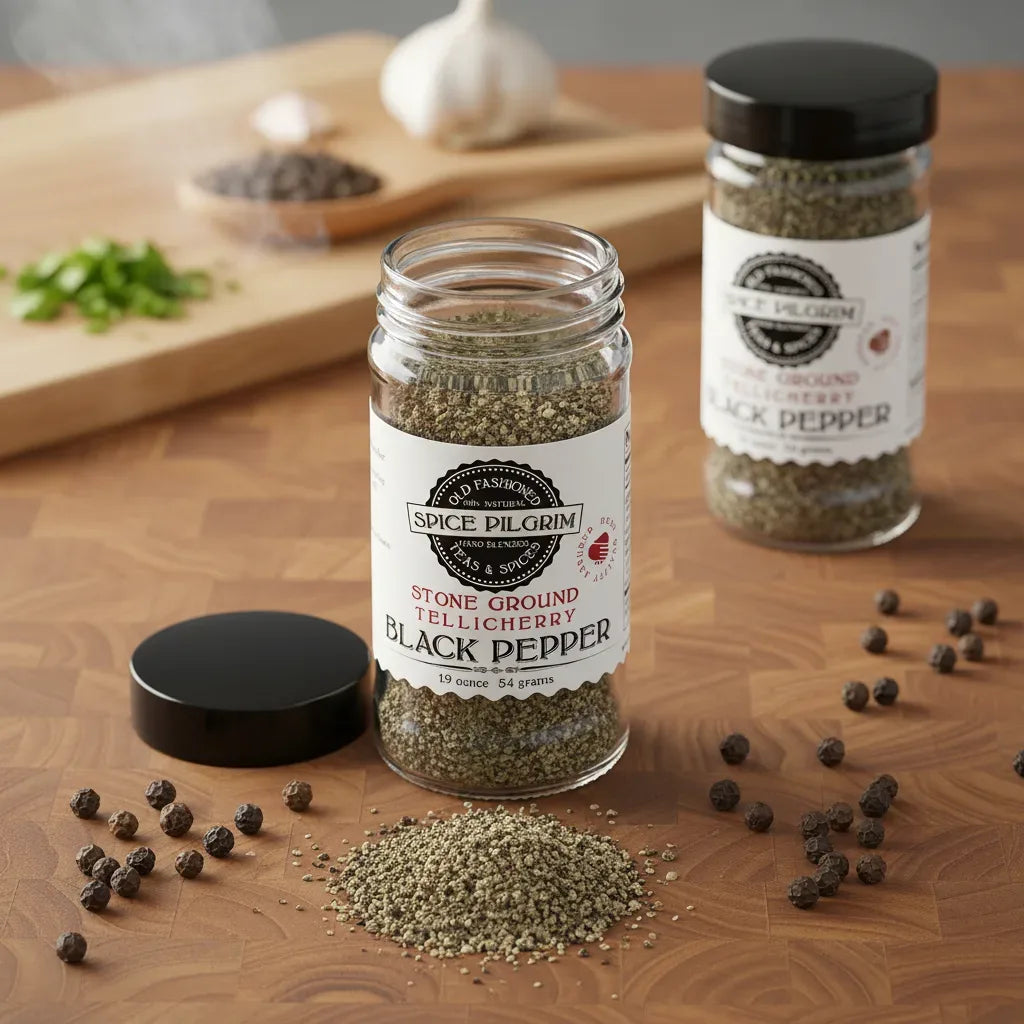 A short amber glass jar of stone-ground black pepper sits open on a warm butcher block, a loose pile of freshly ground