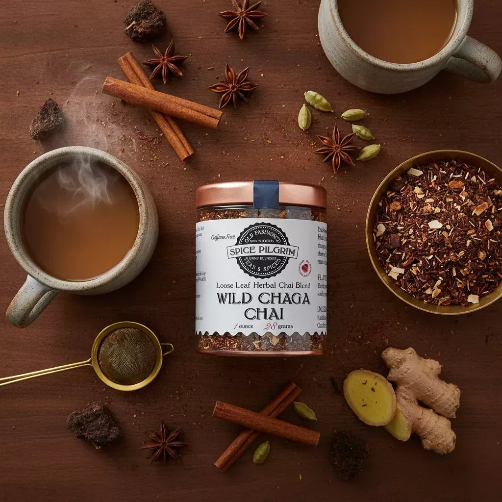A steaming ceramic cup of brewed Wild Chaga Chai sits center-left on a dark walnut surface, its amber-brown liquor