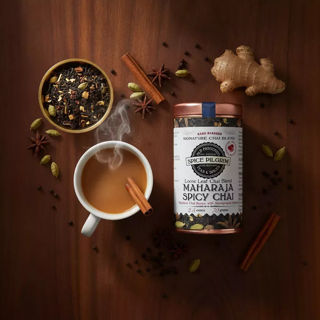 Spice Pilgrim Maharaja Spicy Chai loose leaf blend tin beside a steaming cup of chai, loose tea, and whole spices including ginger, cinnamon, star anise, and cardamom