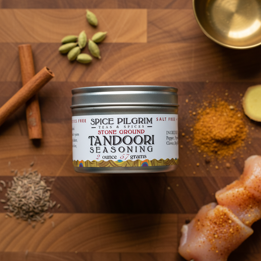 Tandoori seasoning container on a wooden surface with spices and chicken.