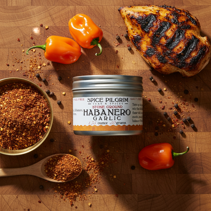 Spice Pilgrim Habanero Garlic spice jar on a wooden surface with habanero peppers and garlic.