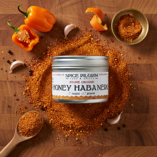 Spice Pilgrim Honey Habanero spice jar on a wooden surface with habanero peppers and garlic.