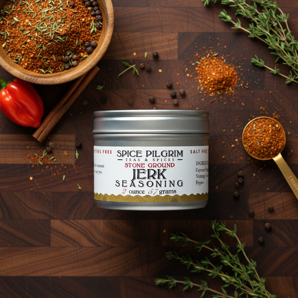 Spice Pilgrim jerk seasoning canister on a wooden surface with spices and herbs.