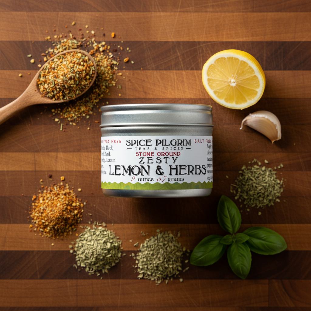 Spice Pilgrim: Lemon & Herbs on a wooden surface with herbs and a lemon.