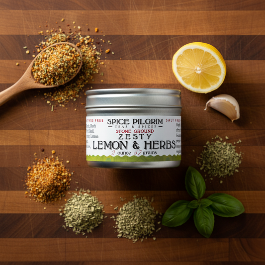 Spice Pilgrim: Lemon & Herbs on a wooden surface with herbs and a lemon.