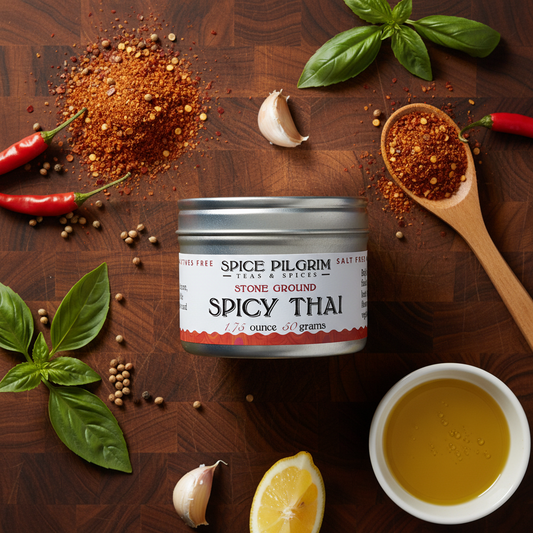 Spice Pilgrim Spicy Thai spice jar on a wooden surface with herbs and spices.