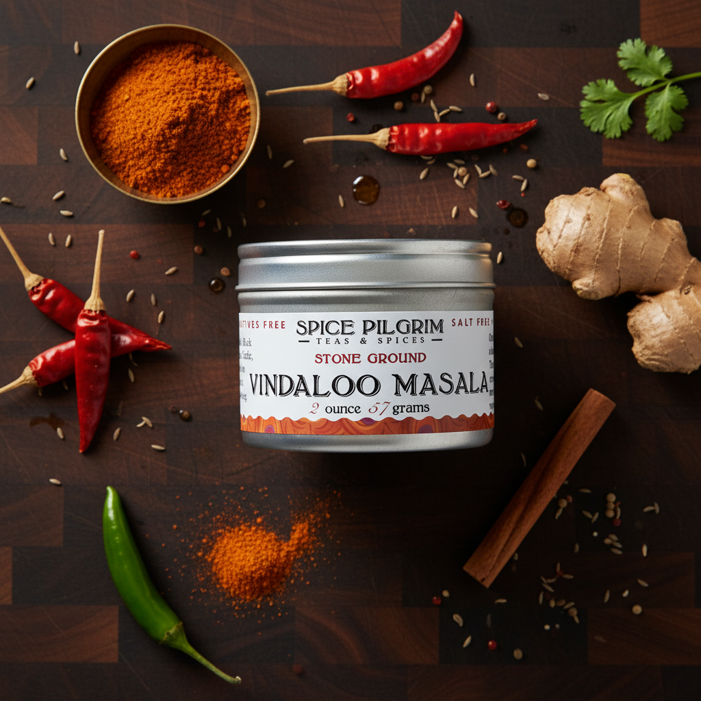 Spice Pilgrim Vindaloo Masala can with spices on a wooden surface