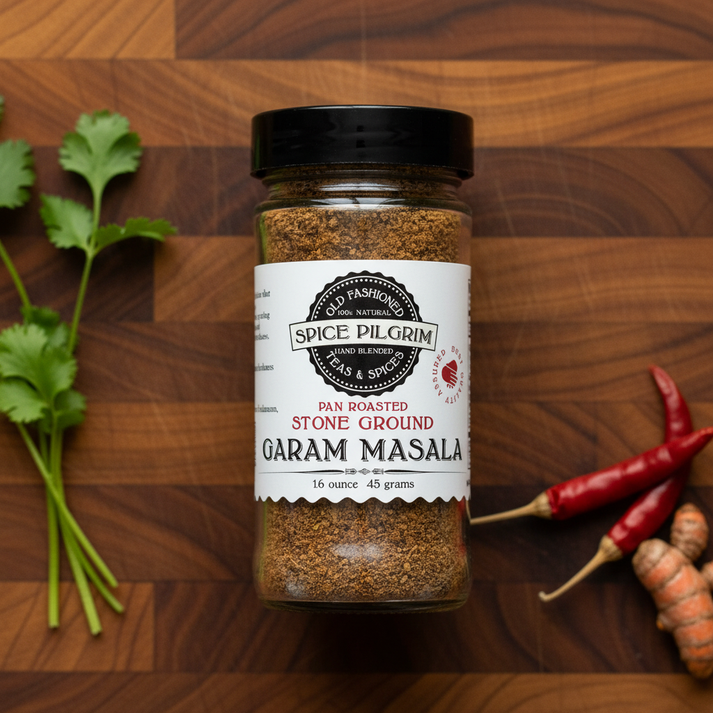 Spice Pilgrim Garam Masala jar on a wooden surface with herbs and chilies.