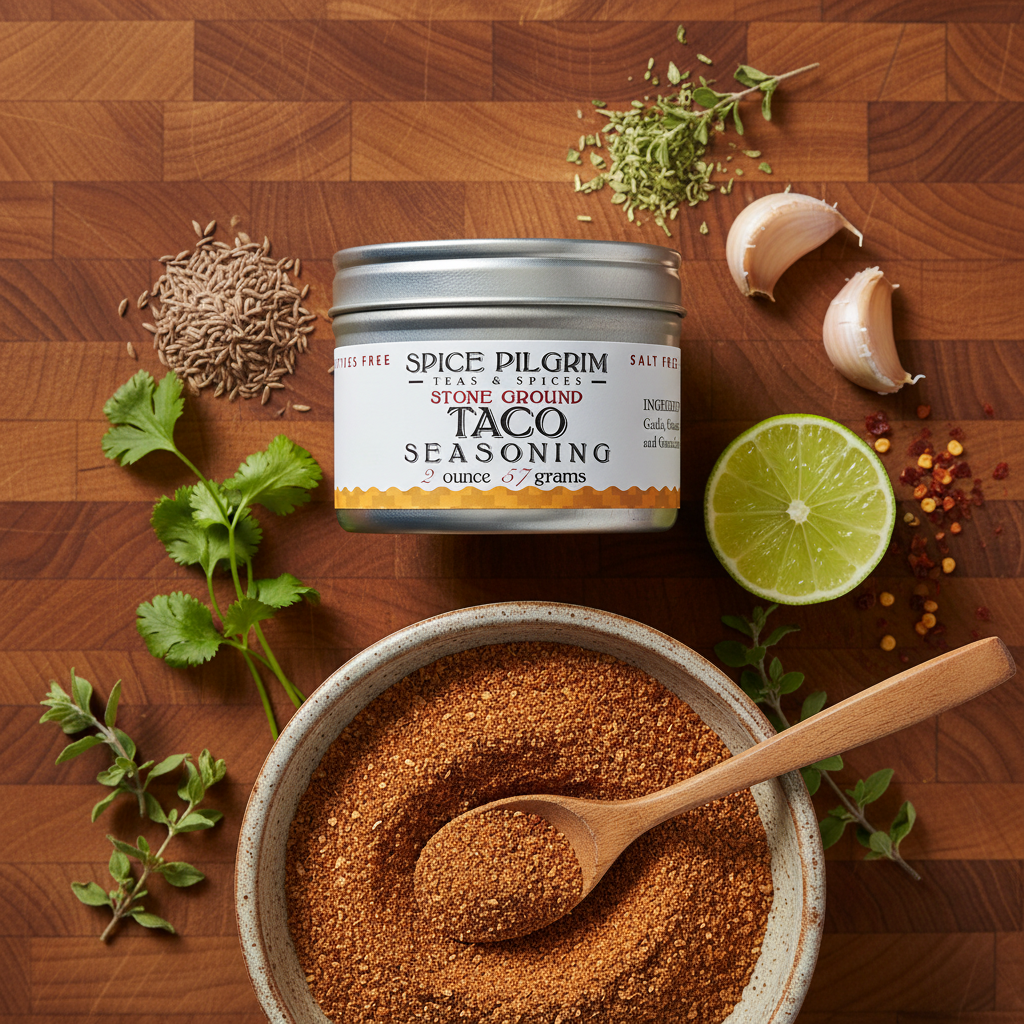 Spice Pilgrim Taco Seasoning jar with bowl of seasoning, wooden spoon, and herbs on a wooden surface