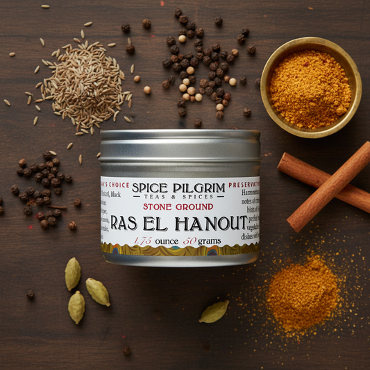 Spice Pilgrim Ras El Hanout canister surrounded by various spices on a wooden surface
