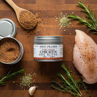 Spice Pilgrim Chicken BBQ Blend can on a wooden surface with herbs and chicken.