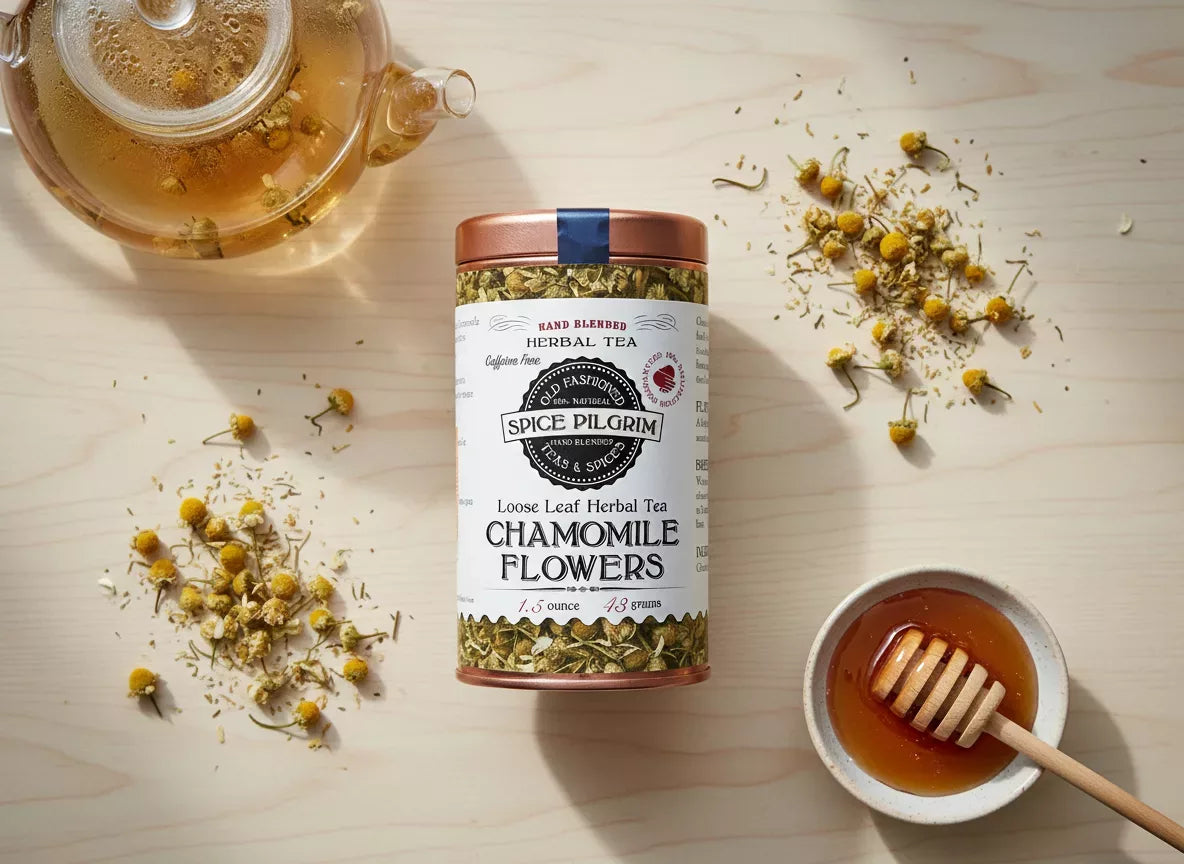 Product: Chamomile. Inline image 1: overhead flat lay of a glass teapot with pale golden chamomile tea steeping, loose